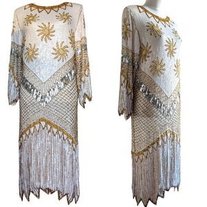 Vintage White and Gold Beaded Midi Dress